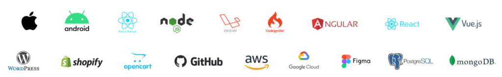 Technologies we use including WordPress, Shopify, React, Node.js and cloud platforms